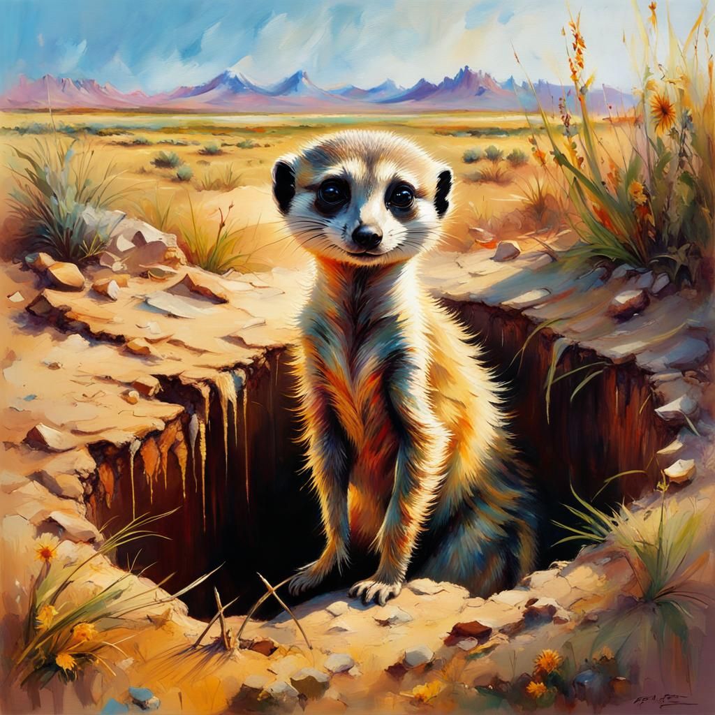 Cute Meerkat Observes Desert From Burrow