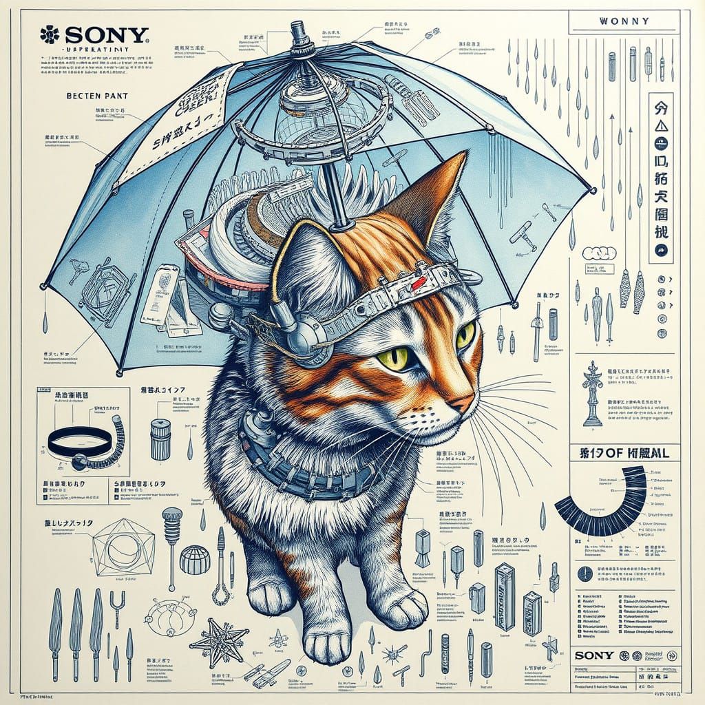 Aetherpunk Cat Umbrella Blueprint with Intricate Details