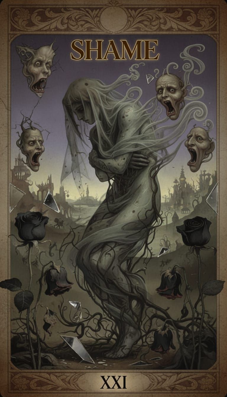 Surreal Tarot Card Symbolizing Shame in Bosch Style