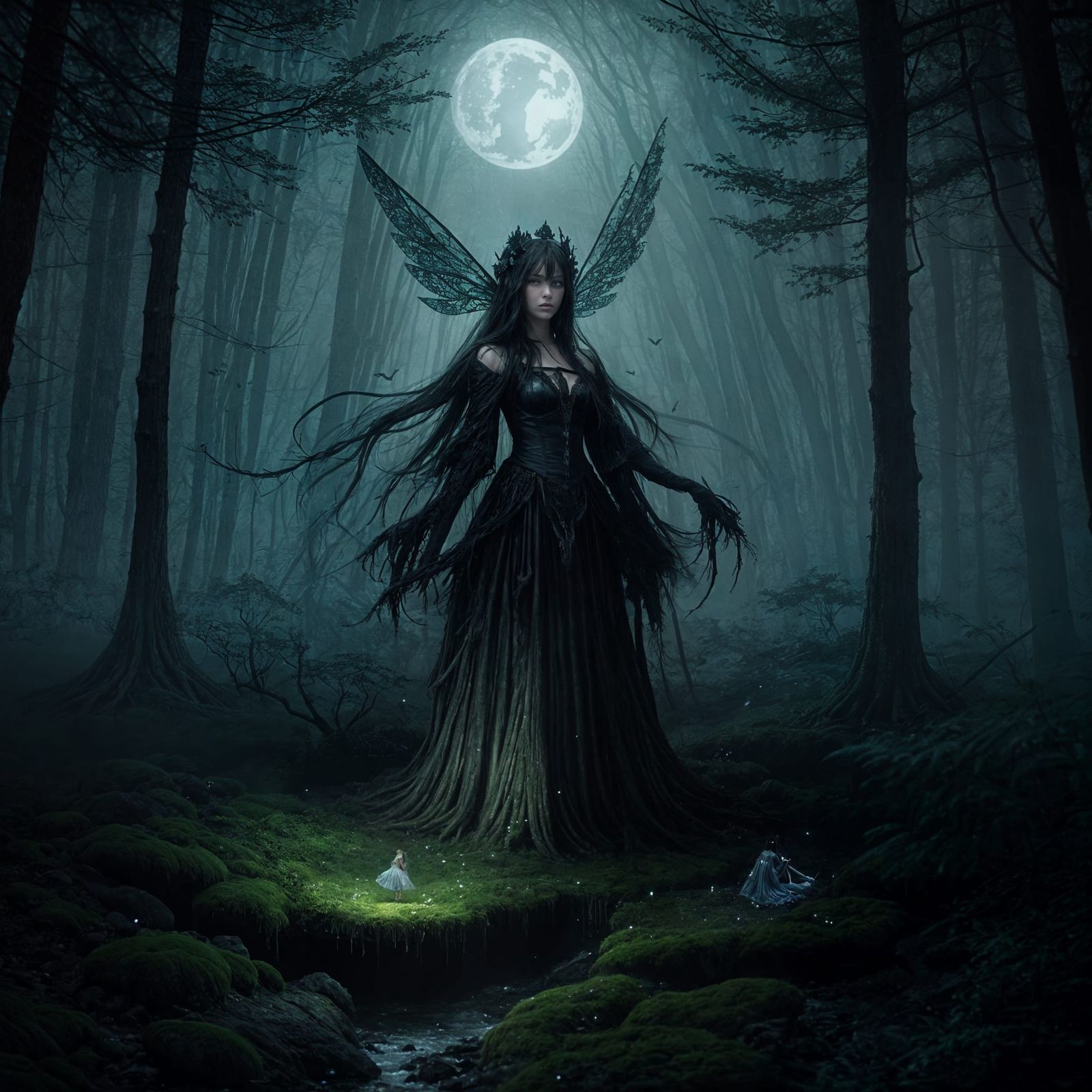 Mysterious Dark Forest Scene with Glowing Mushrooms and an E...