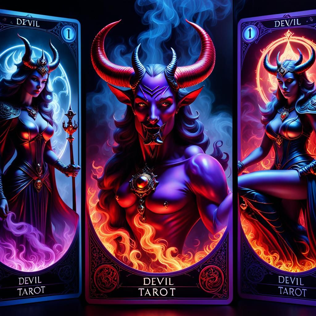 The Devil tarot cards side by side.  Mystical lighting, stunning, holographic, 3d projection