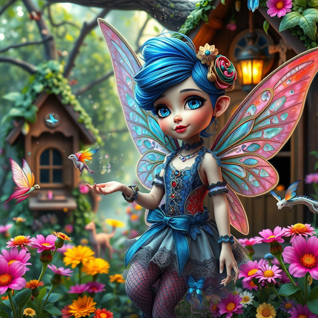 Whimsical Fairy Girl with Sapphire Wings and Treehouse