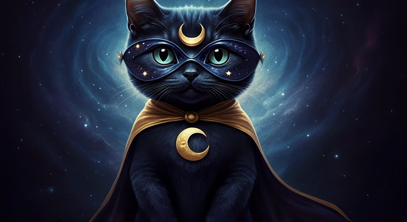 Surreal Cosmic Cat Wears Tattered Cape & Eye Mask in Mystica...