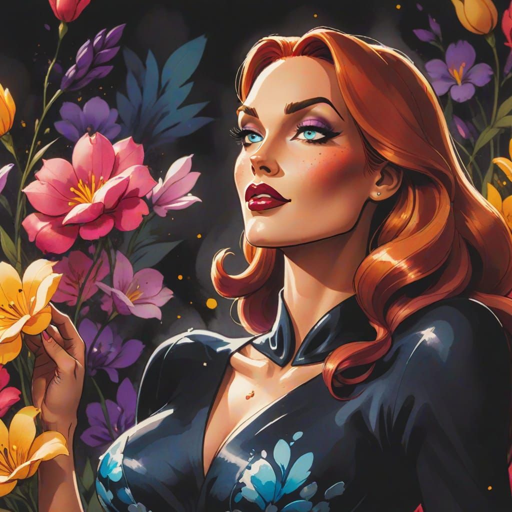 Jessica Rabbit Surrounded by Flowers in Ink Wash