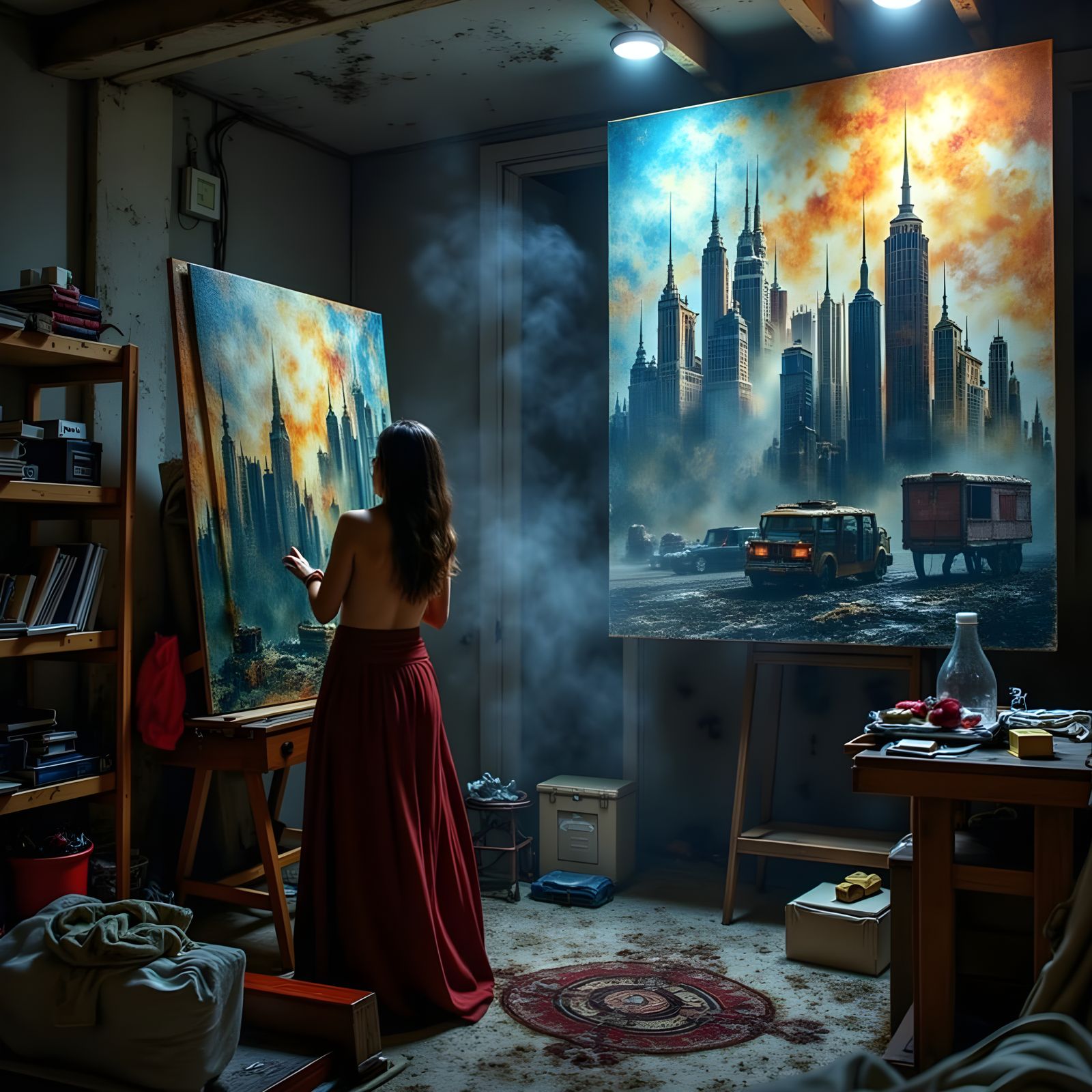 Artist Paints Abstract Cityscape in Cluttered Studio