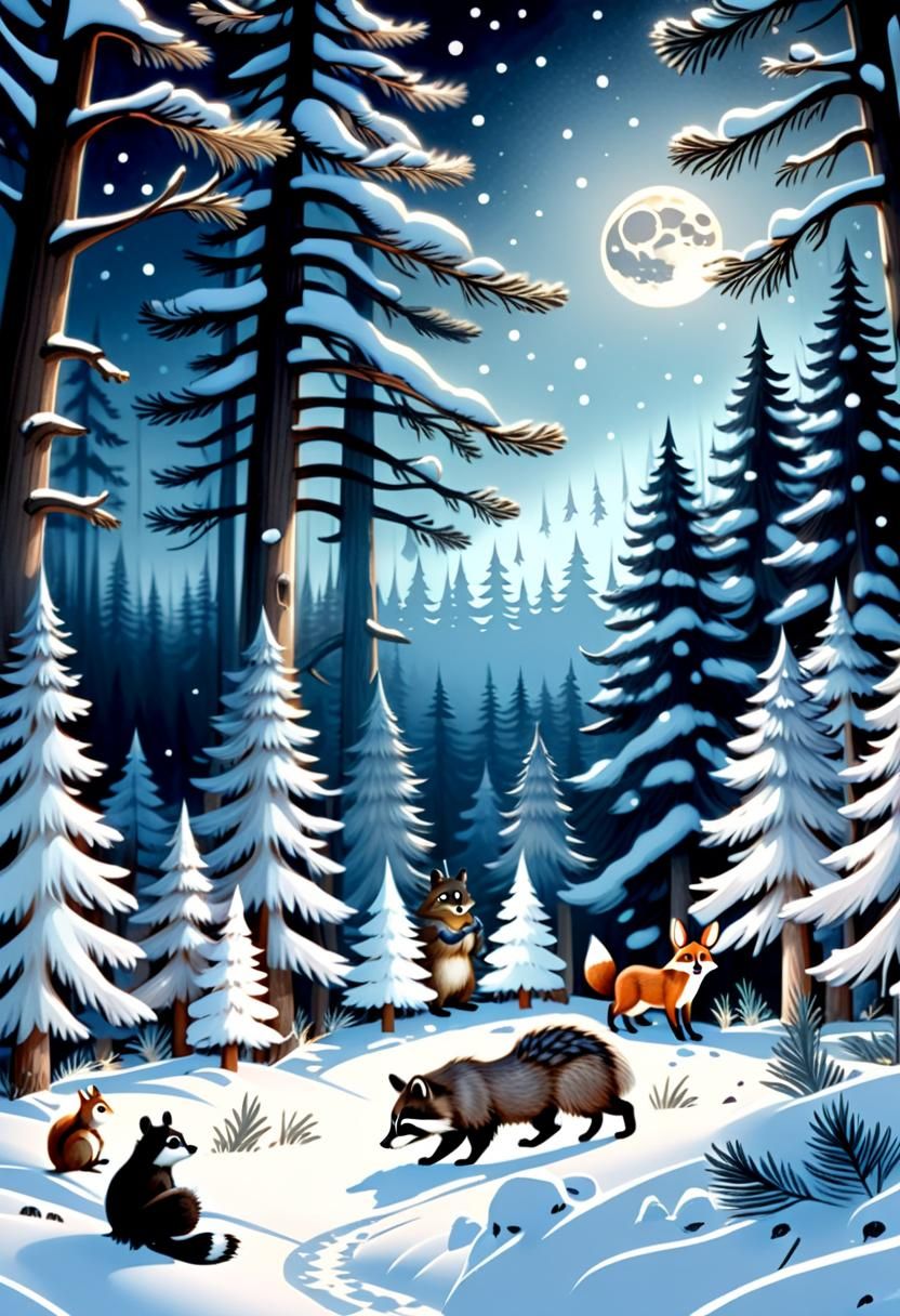 Whimsical Forest Friends Gather Under the Full Cold Moon