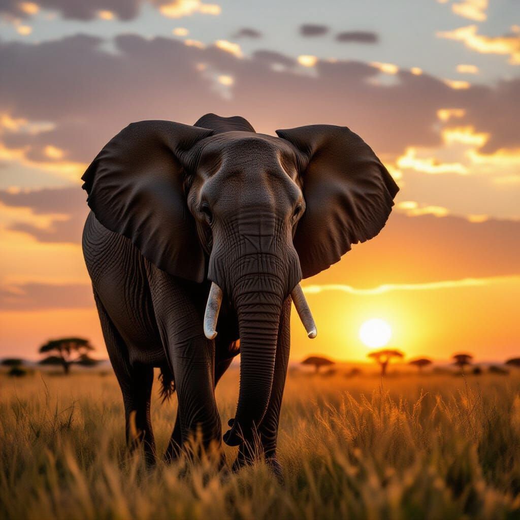 Majestic Elephant in Savanna Sunset
