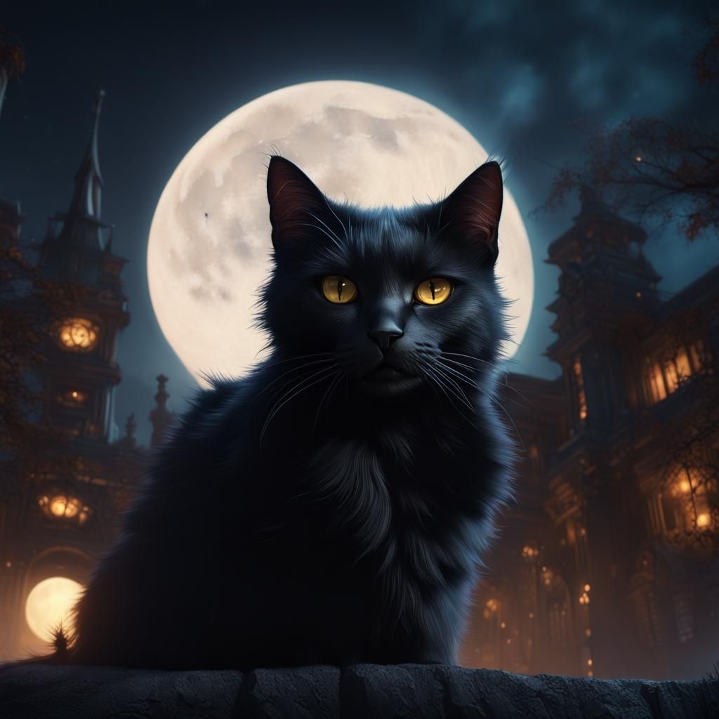 Fearless Black Cat Under Moonlight: Detailed Matte Painting