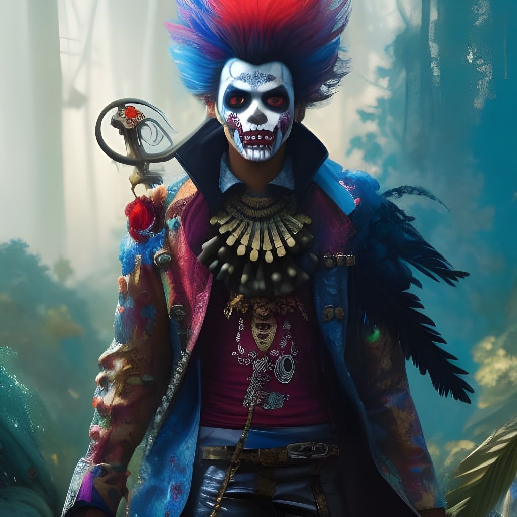 Anime Clown Portrait with Rainbow Hair and Skull Makeup
