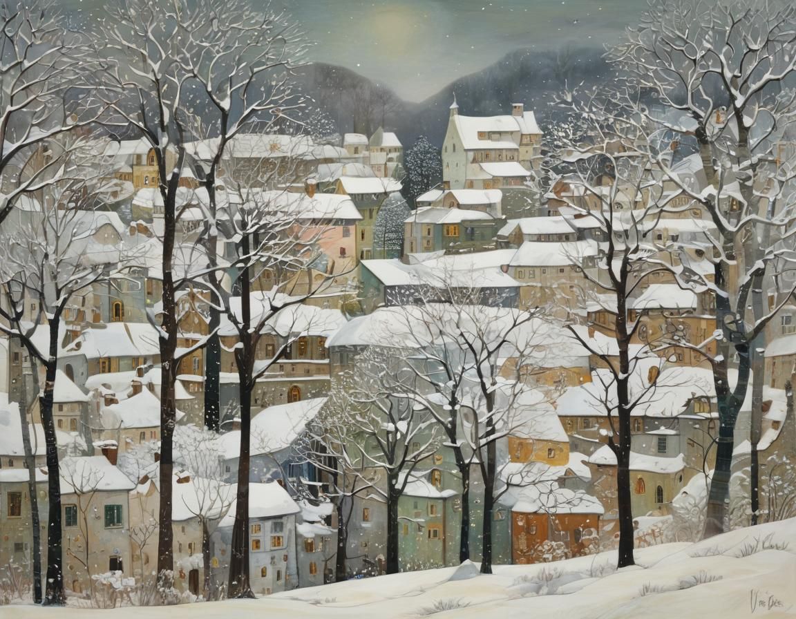 Winter Medieval Landscape in Art Nouveau Style