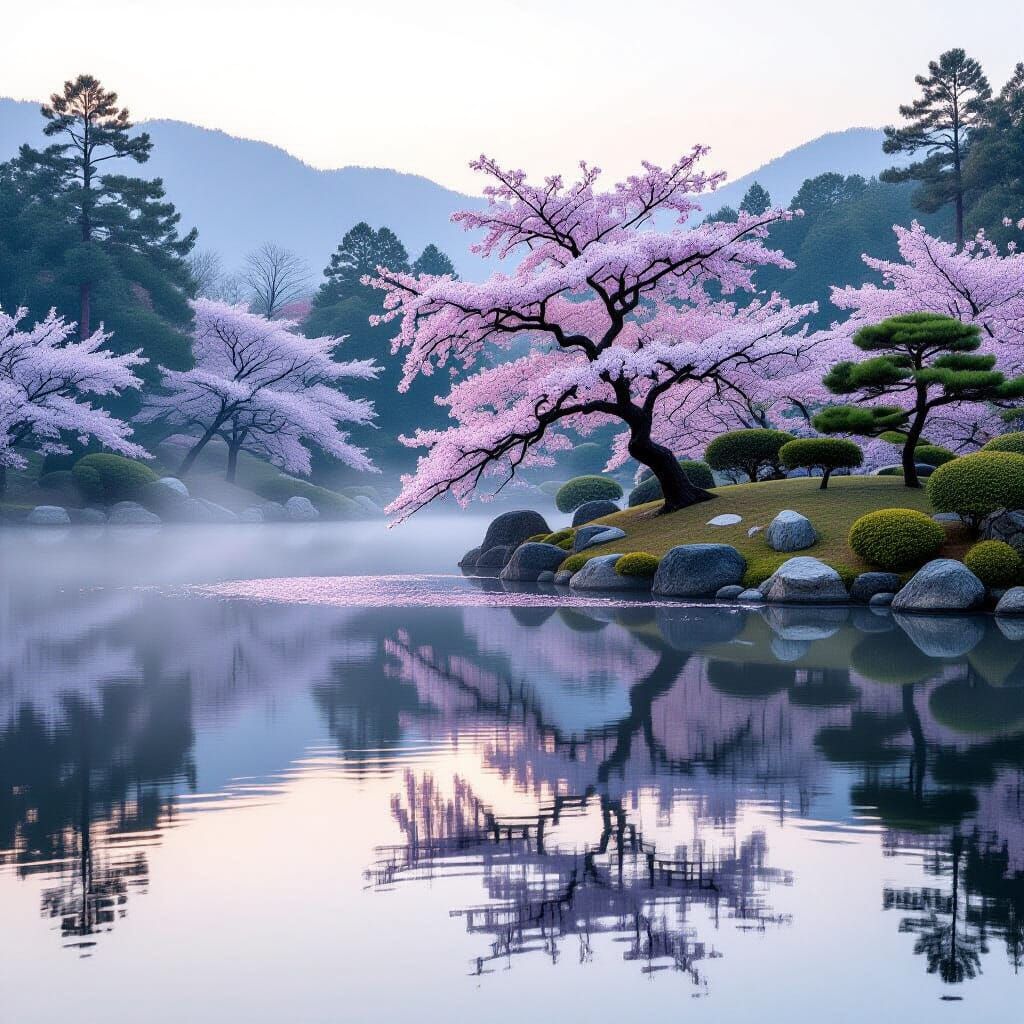 Serene Japanese Garden at Dawn in Sumi-e Style