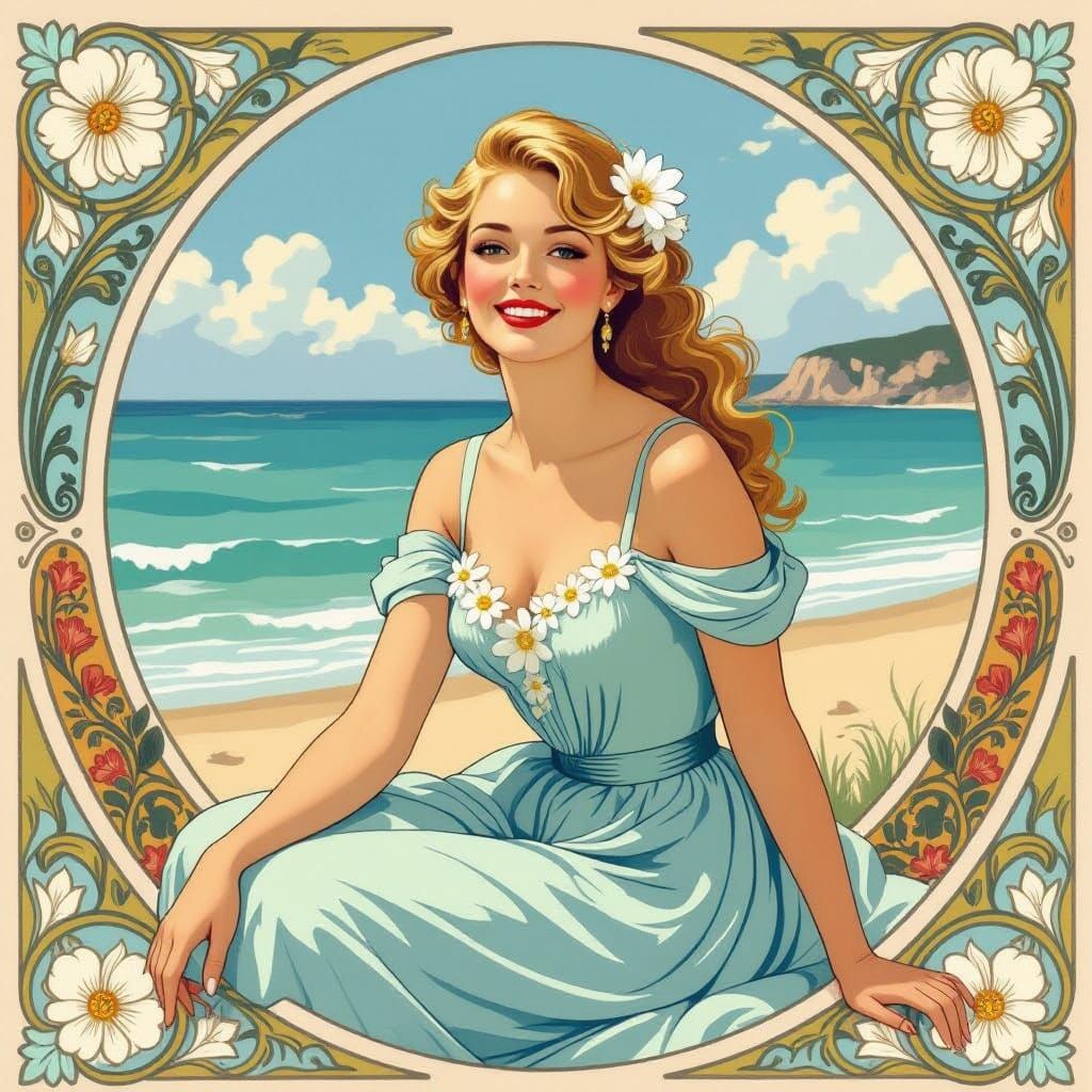 European Woman on Beach in Art Nouveau Style