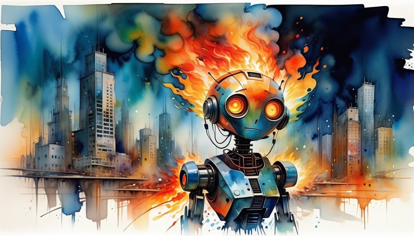 Fiery Robot Meltdown in Surreal Dystopian City