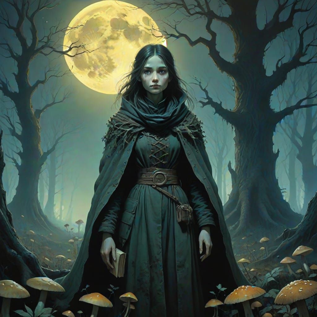 Ethereal Librarian in Dark Forest Illuminated by Moonlight
