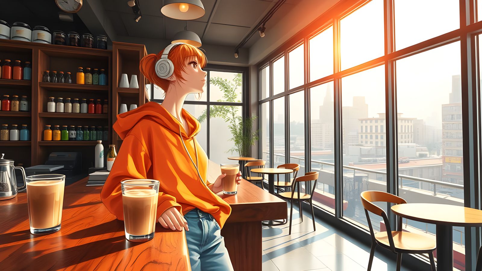 Warm Cozy Coffee Shop Scene in Anime Art Style