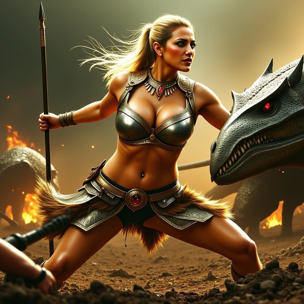 Warrior Woman Hurls Spear at Dinosaur in Jungle