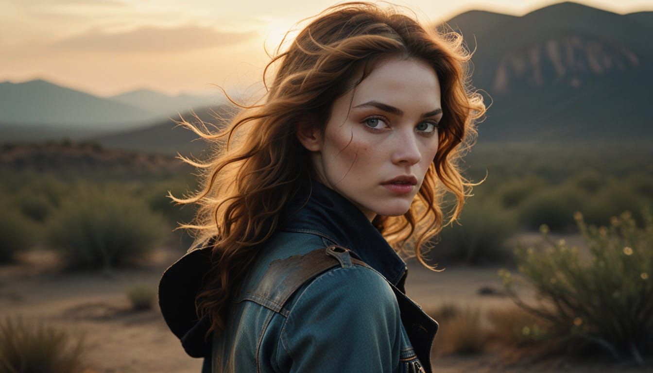 Cowgirl Vampire in Sun-Scorched Landscape