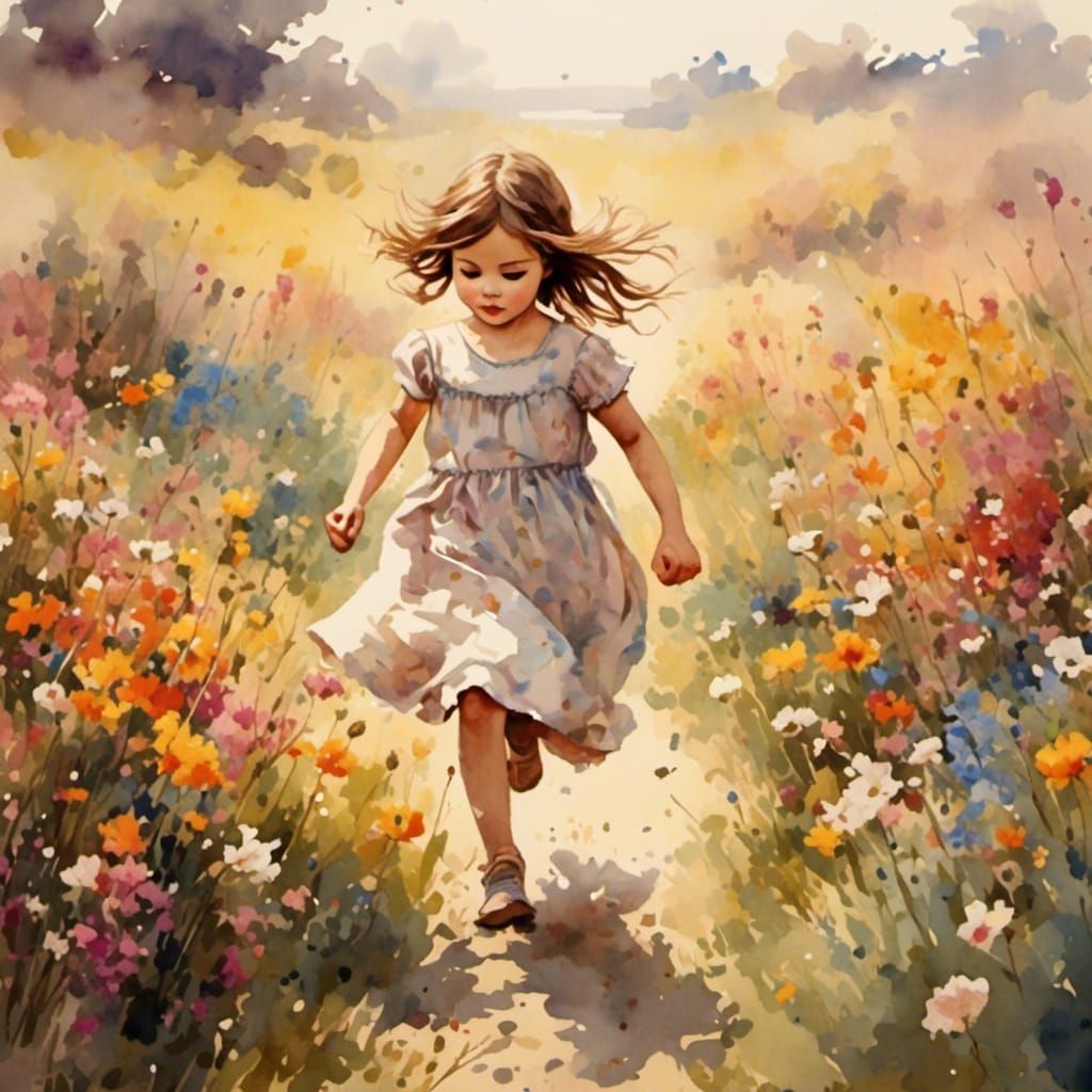 Girl and Puppy in Flower Field: Antique Watercolor