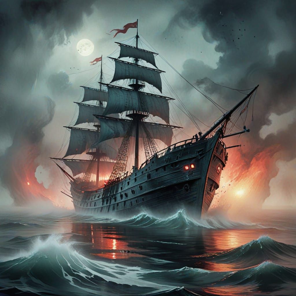 Horror Ghost Ship Comic Illustration with Giant Monster