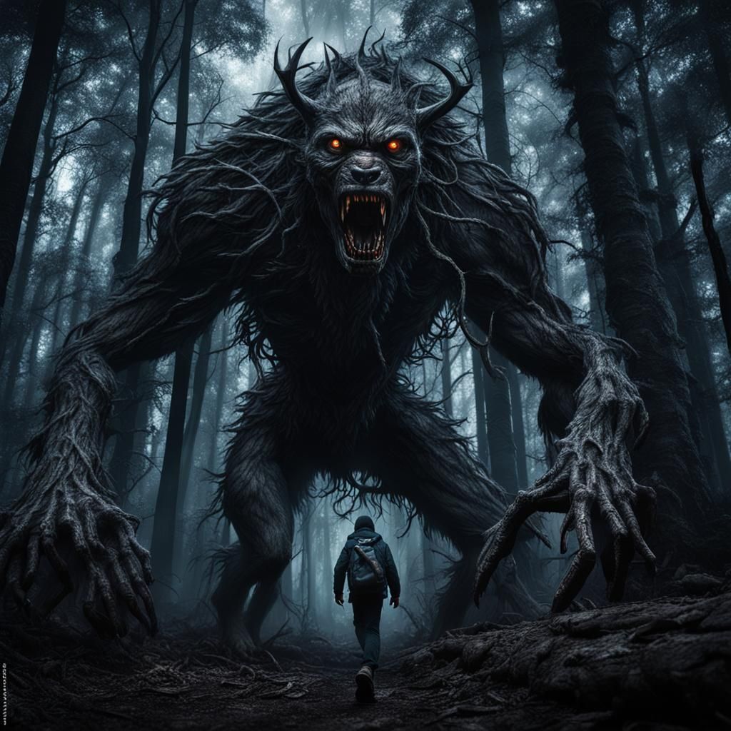Hyperrealistic Skinwalker in Dark Forest