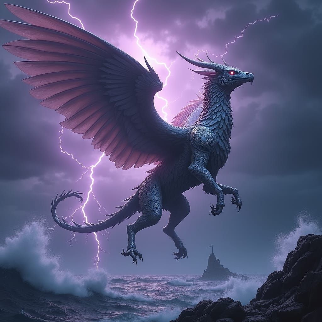 Griffin Warrior in Purple Lightning Storm