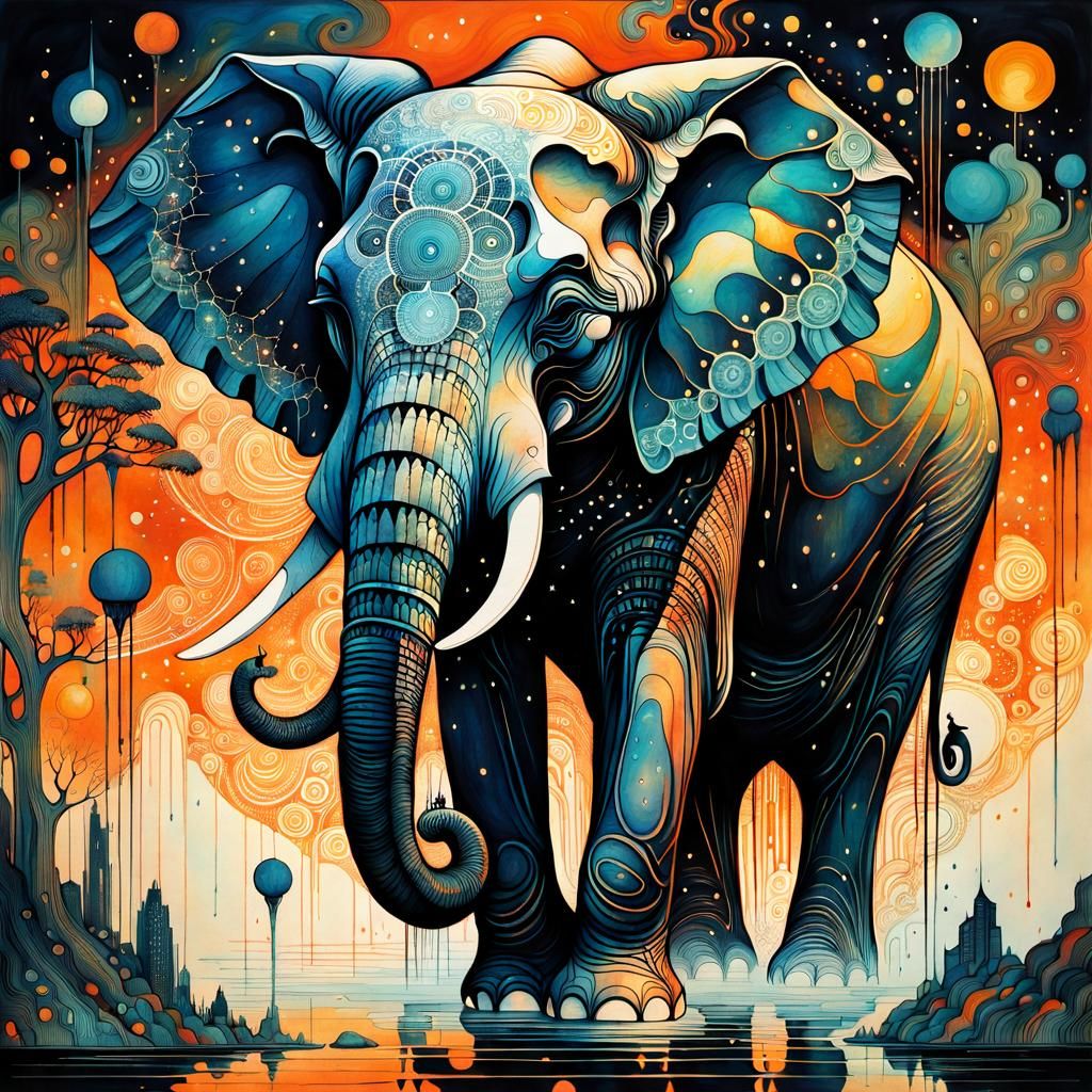 Decorative Elephant in Ink Art Style