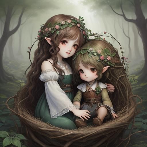 Chibi Dryads in Magical Forest, Antique Watercolor