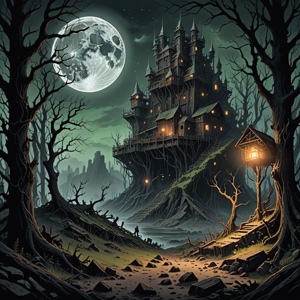 Eldritch Moonlit Mine Amidst Twisted Forest