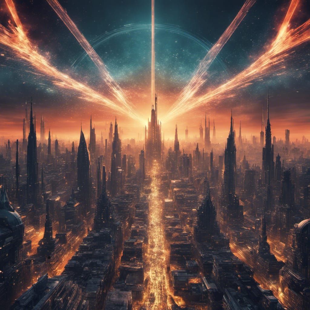 Apocalyptic Futuristic Skyline with Star, Detailed Matte Pai...