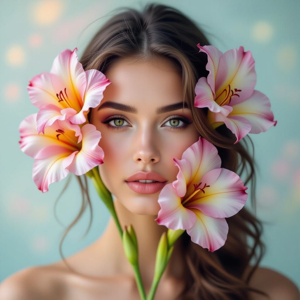 Surreal Portrait: Woman and Gladiolus Abstract Fusion