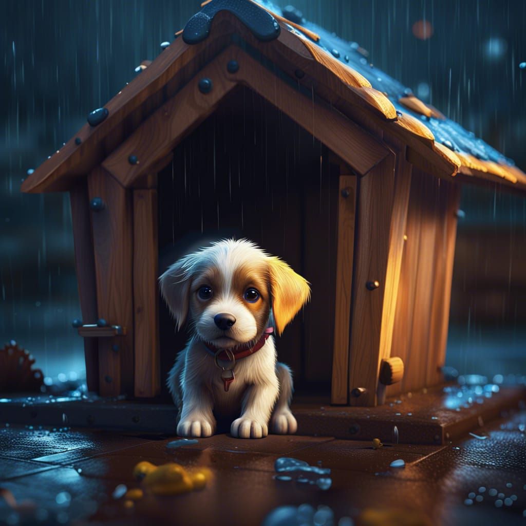 Cute Puppy in Dog House: Fantasy Concept Art