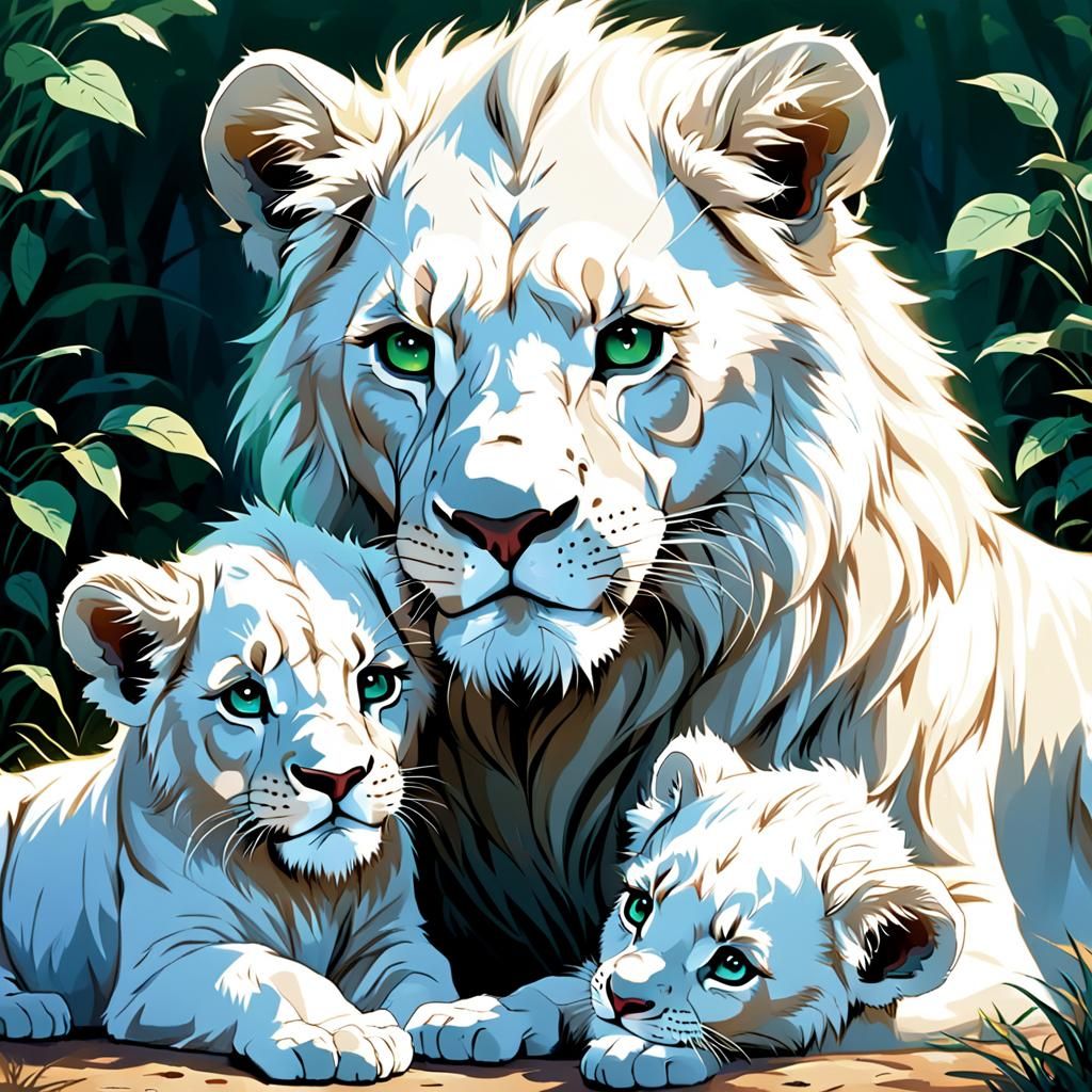 Anime Style White Lion Cubs with Mother