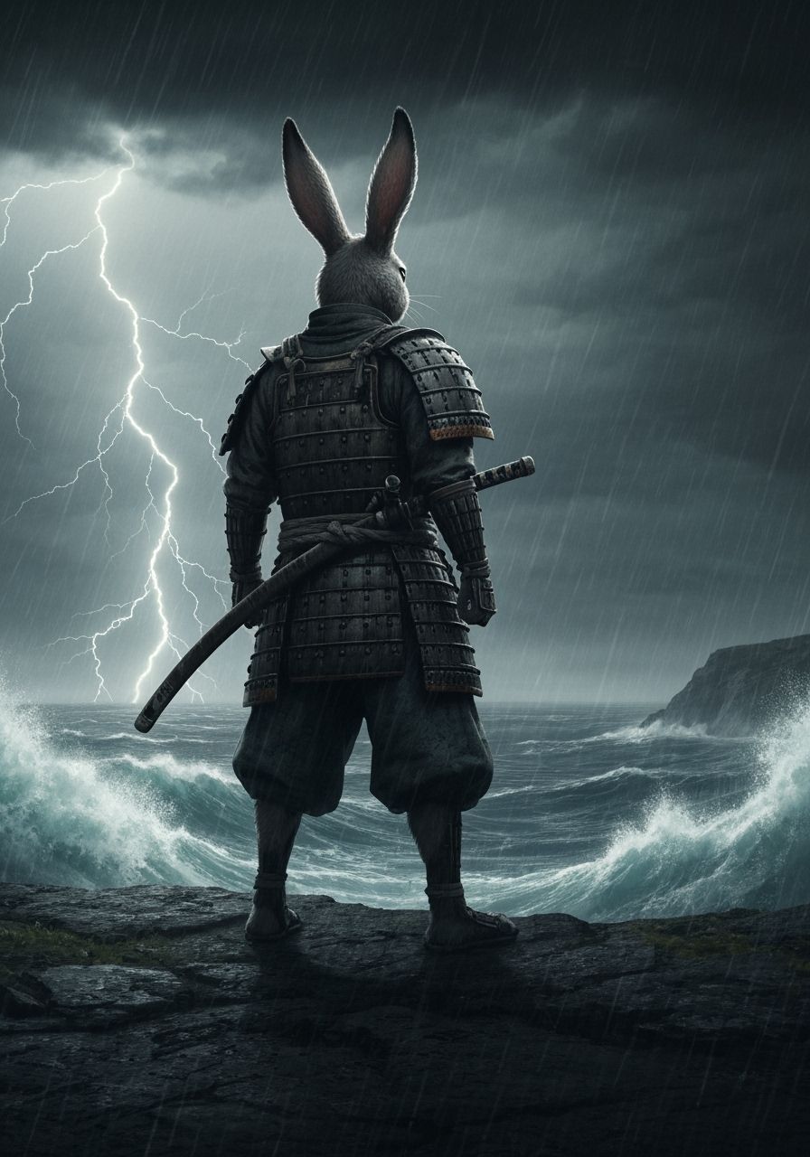 Rabbit Samurai Warrior on Stormy Cliffside