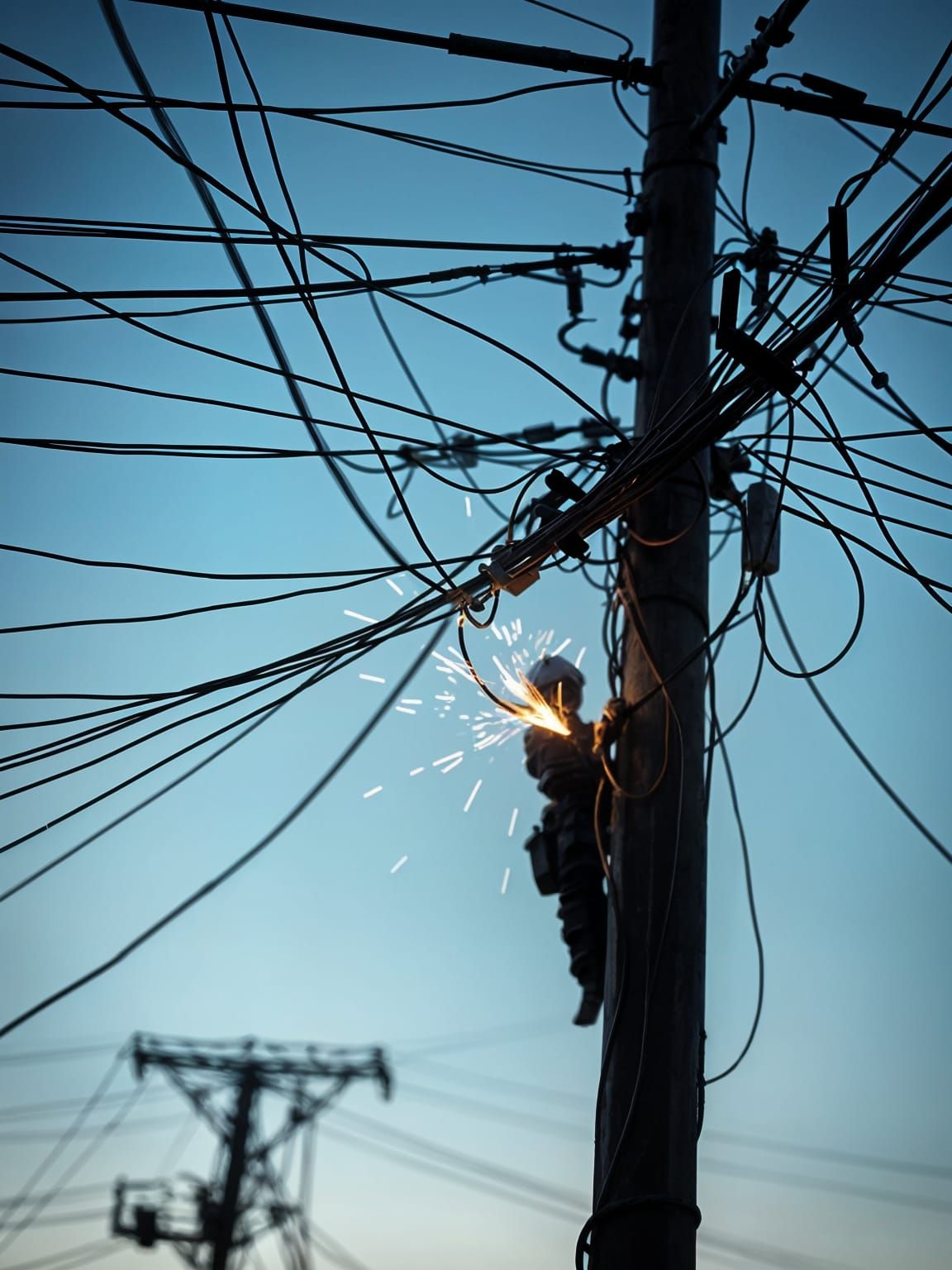 Electrician at Work in Dusk with Realistic Electrical Wires