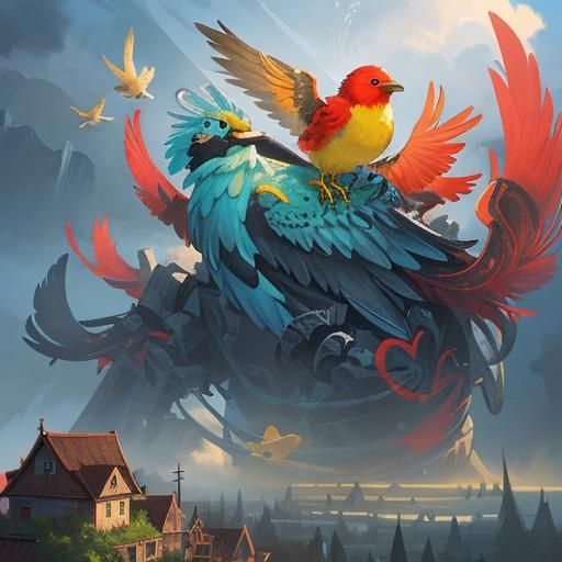 Colorful Birds Building a Nest: Digital Matte Painting