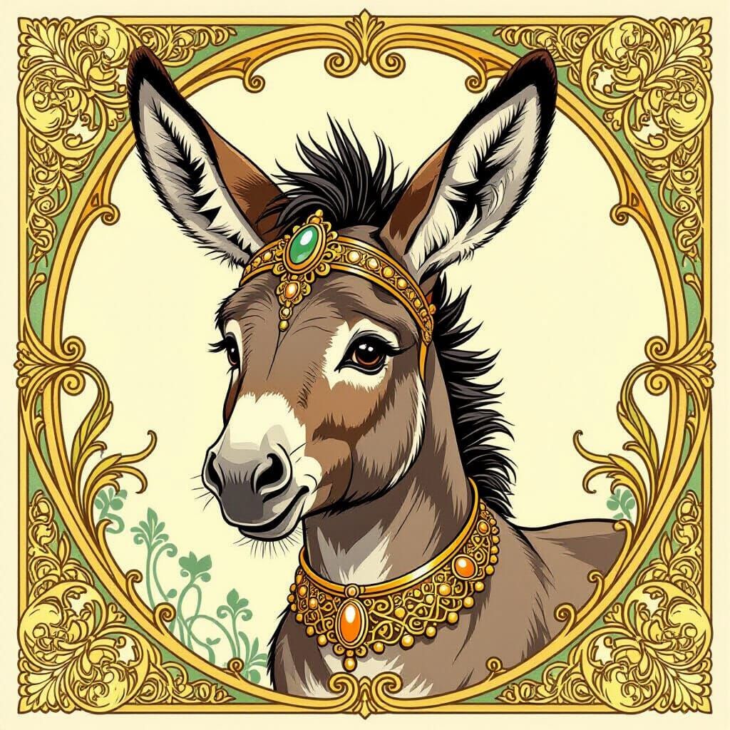 Cheeky Donkey in Art Nouveau Style with Gold Filigree