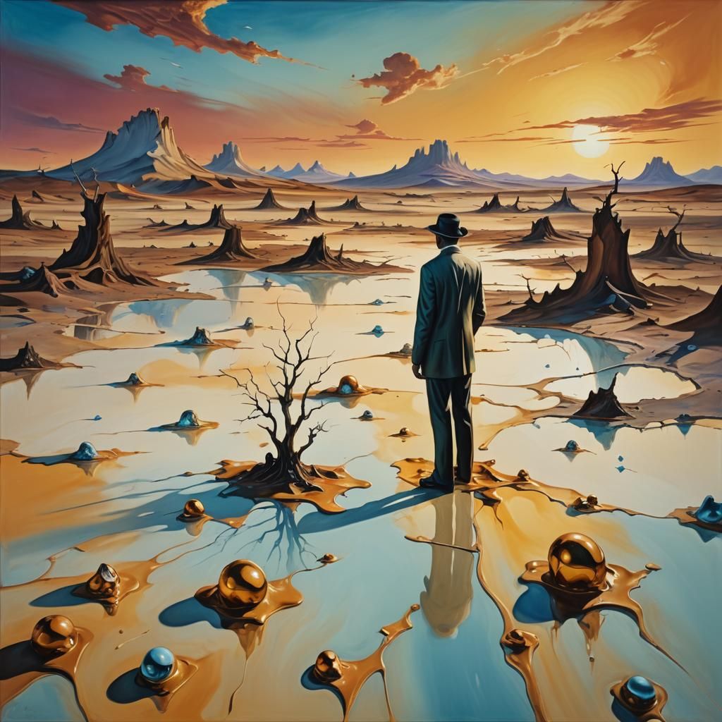 Surreal Melting Objects in Dreamlike Landscape