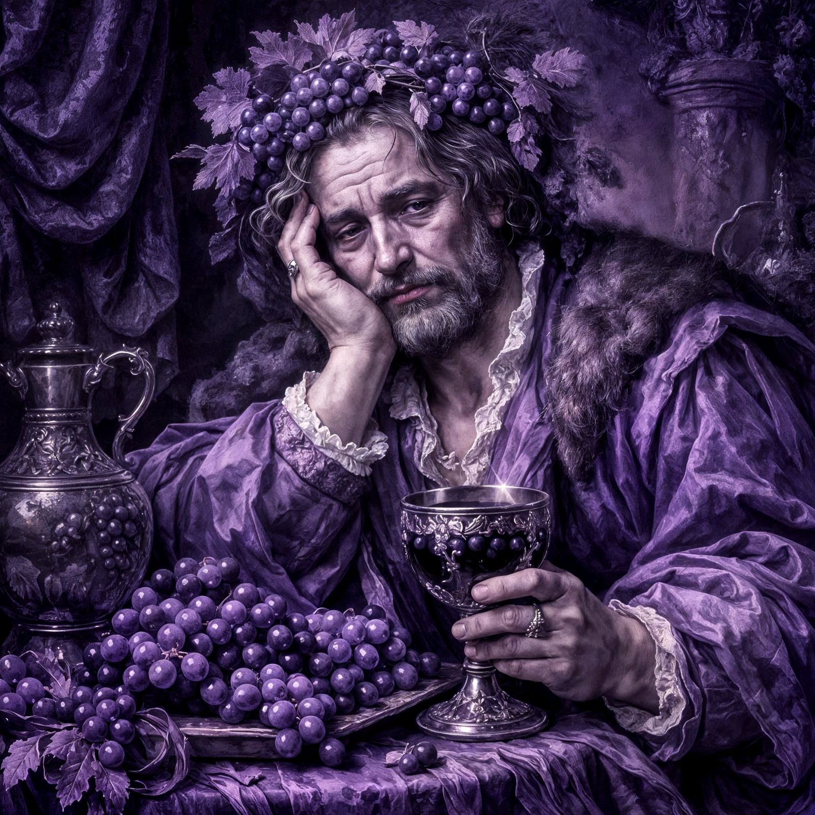 Baroque Portrait of a Melancholic Lord of Grapes