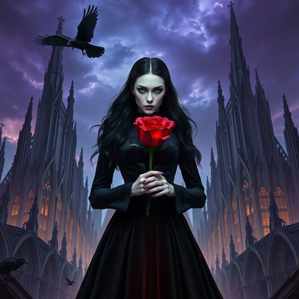 Gothic Queen in Mystical Cathedral Ruins with Dark Fantasy R...