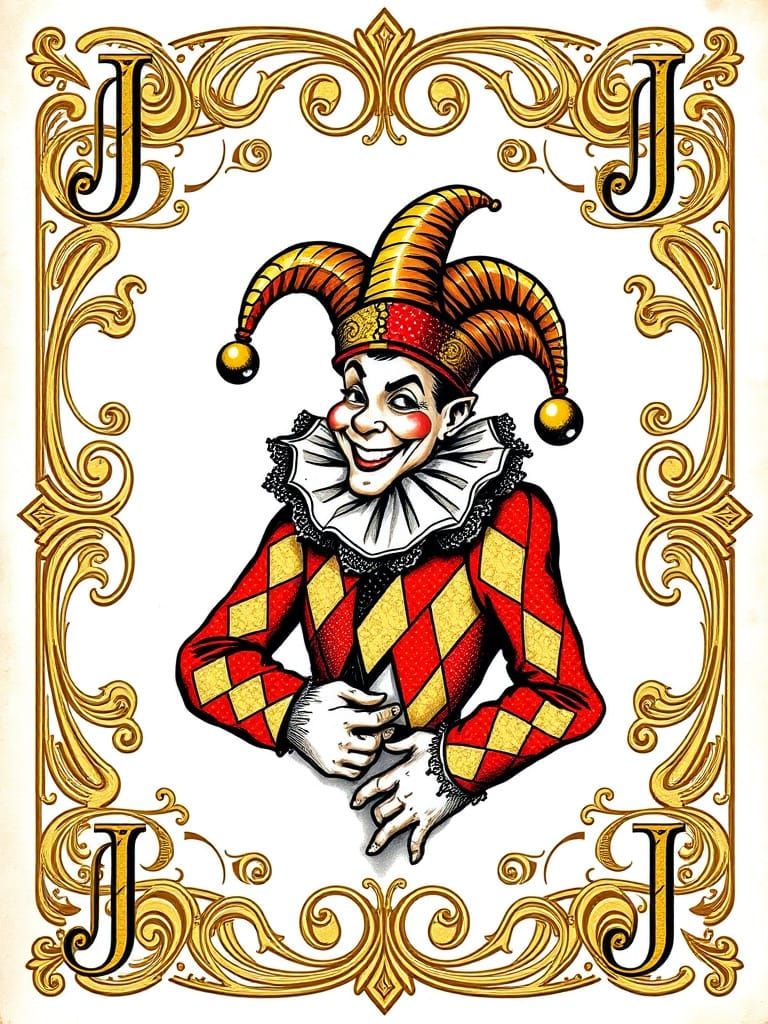 Elegant Gold-Embossed Playing Card with Jester in De La Rue....