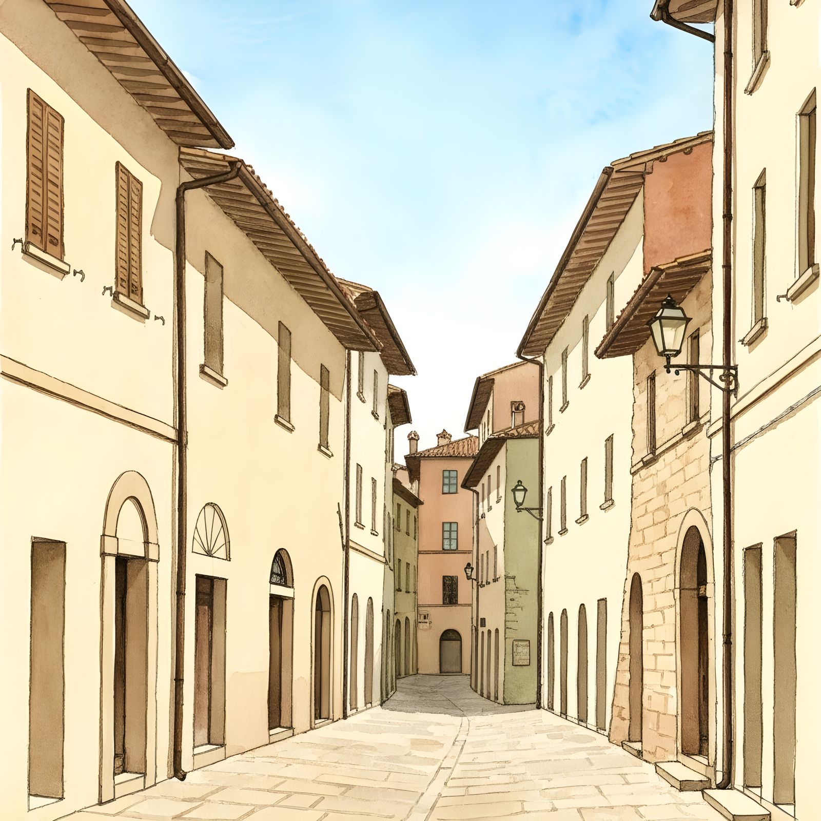 Hilltop Town in Umbria Italy as Watercolour Painting