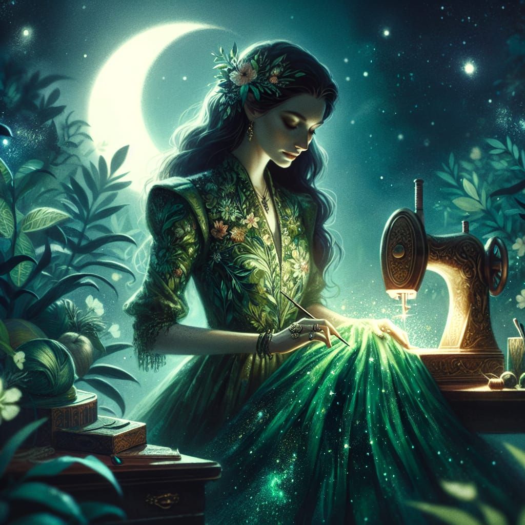 Wizard Dressmaker Crafts Magical Green Gown Under Moonlight
