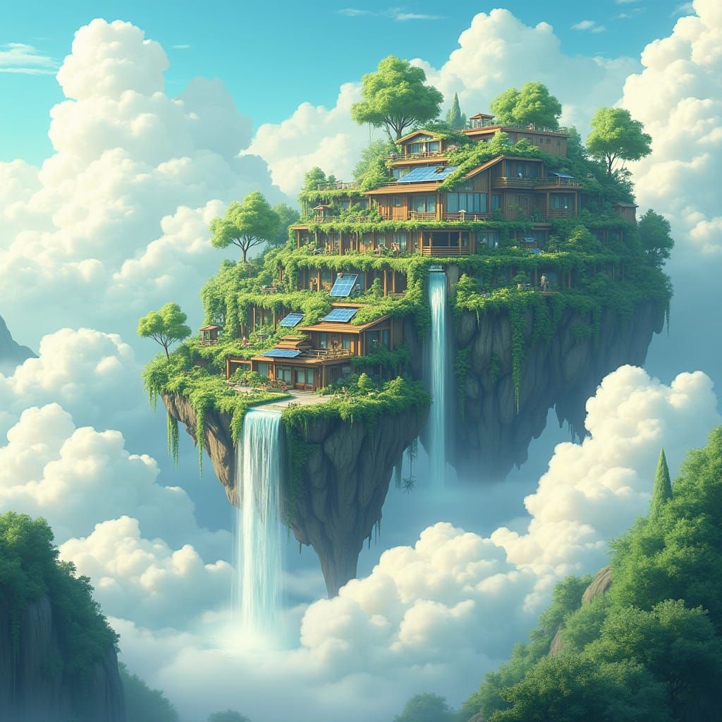 Eco Village Paradise Amidst Clouds in Whimsical Matte Painti...