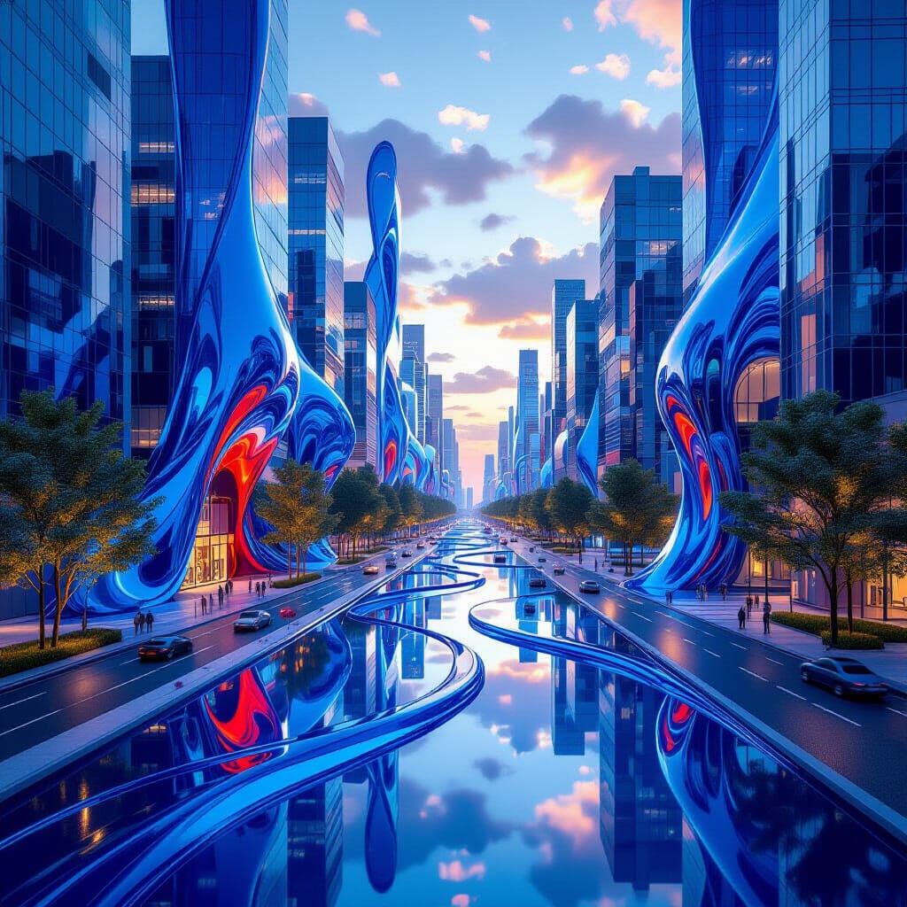 Surreal Liquid Cityscape in Electric Blue and Red