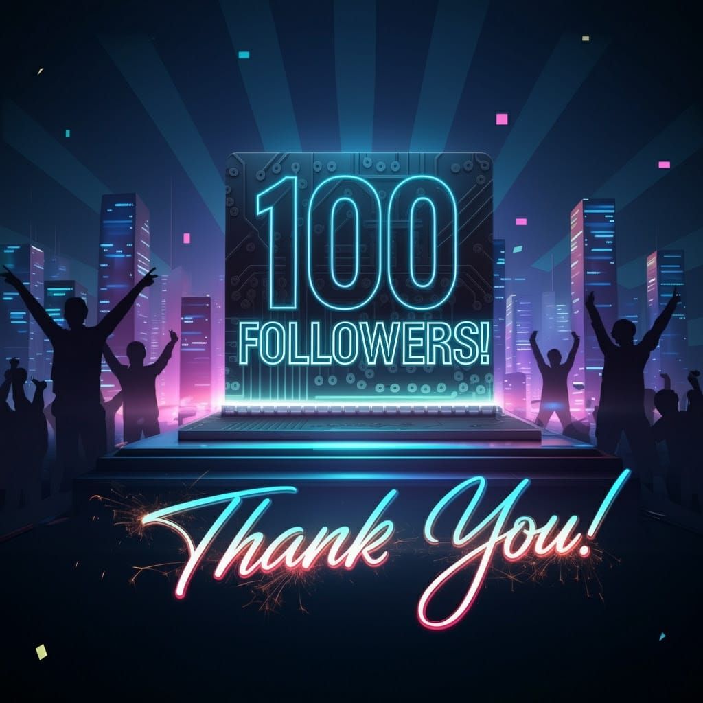 Futuristic Cityscape Celebrates 100 Followers in Neon Glory