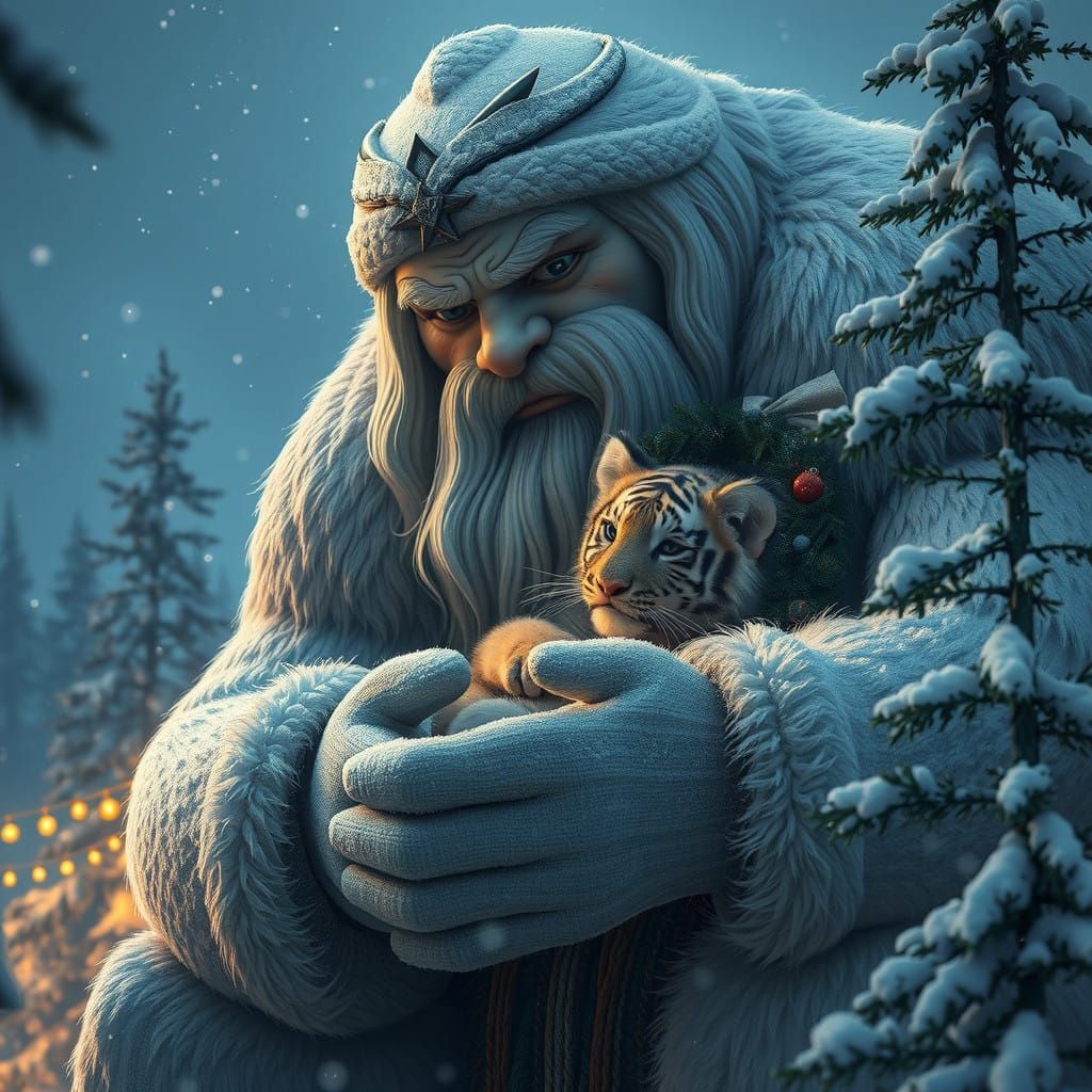 Winter Giant Safeguards Furry Companion in Serene Snowy Scen...