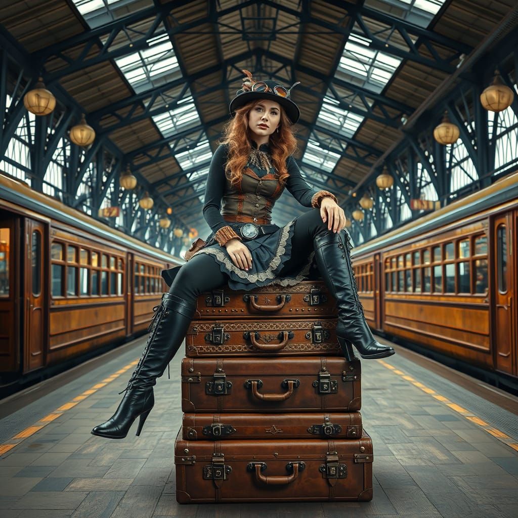 Steampunk Lady in Vintage Train Station