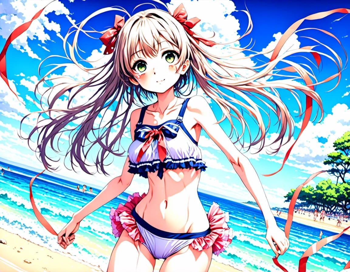 Anime Girl in Swimsuit on Sunny Beach