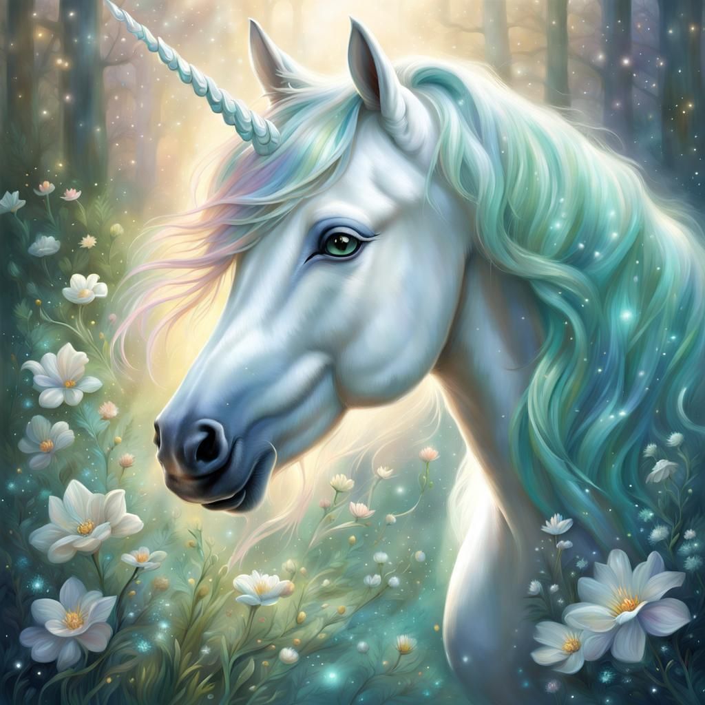 Ethereal White Unicorn Portrait in Fantasy Realism