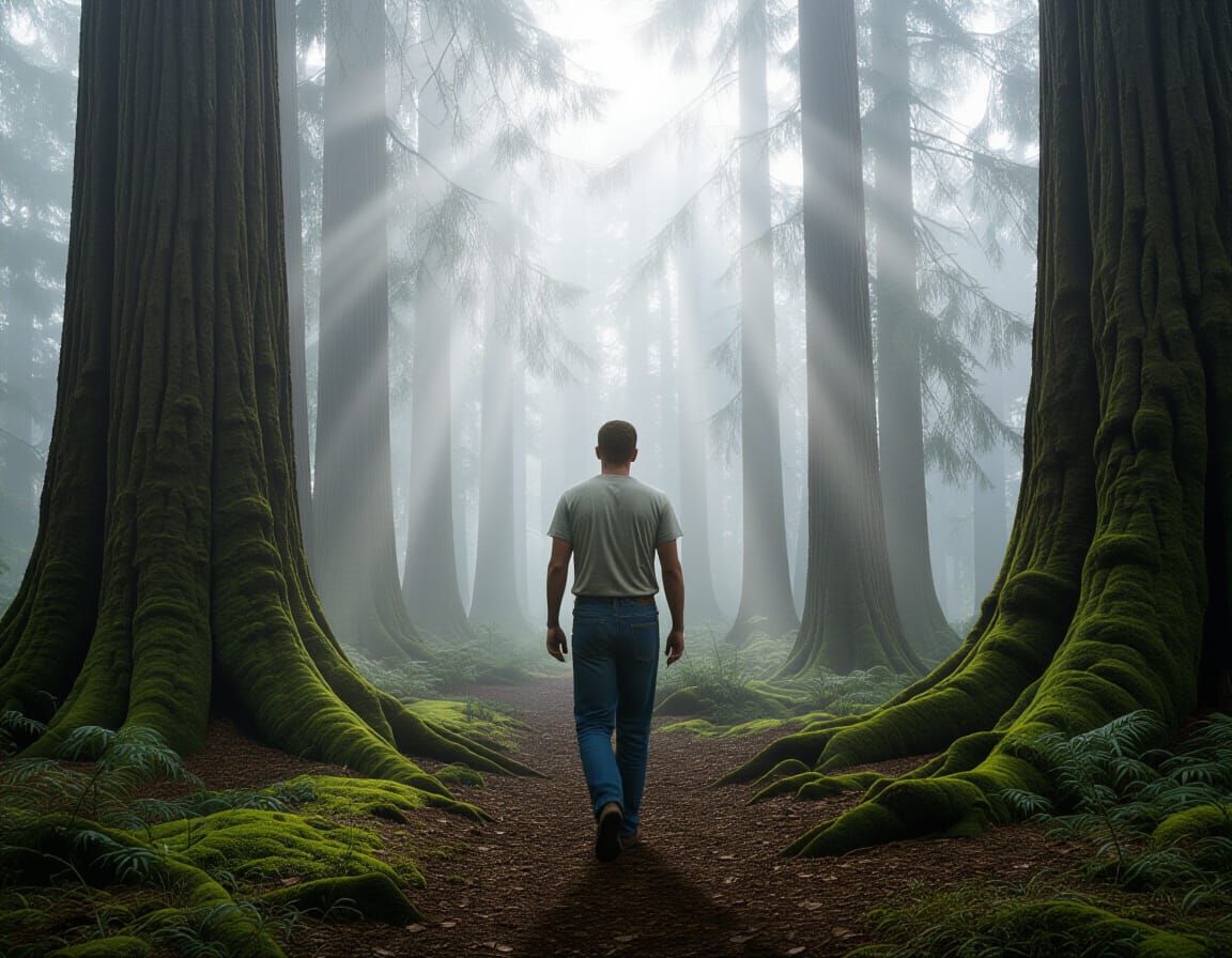 Forrest Gump in Foggy Forest: 8k Hyperrealistic Image